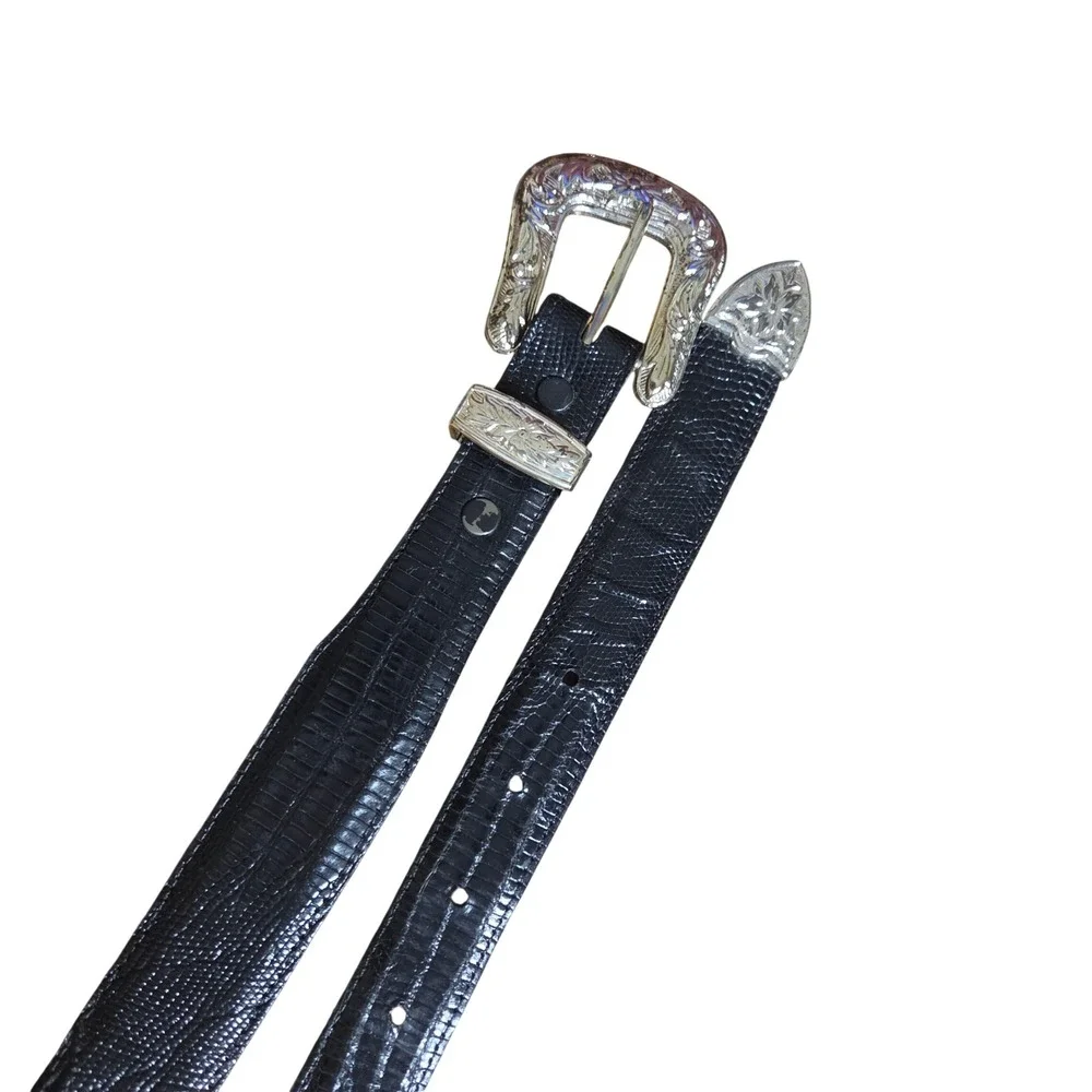 Lucchese Mens Genuine Lizard Western Belt 42 Silver Engraved Buckle BL831 USA